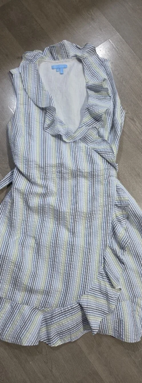 Draper James Blue and Yellow Striped Sleeveless Wrap Midi Dress